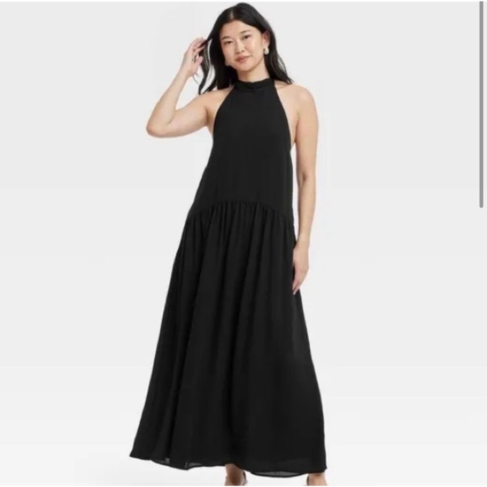 A New Day Halter Maxi Dress Womens Size S Black New‎ NWT Drop Waist Tiered Skirt